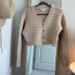 Rouje Beige Openwork Knit Cardigan Sweater Button Scalloped Trim Merino Wool 38